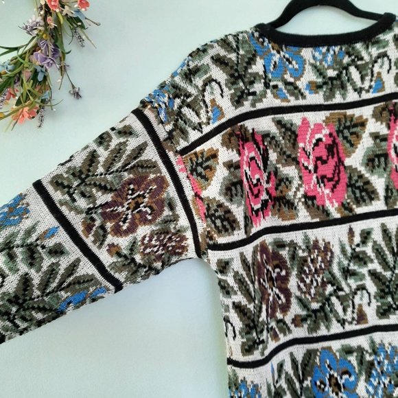 Vintage Cervelle Wool Blend 80s Floral Stripe Knit Oversize Tunic Length Sweater - Picture 2 of 6
